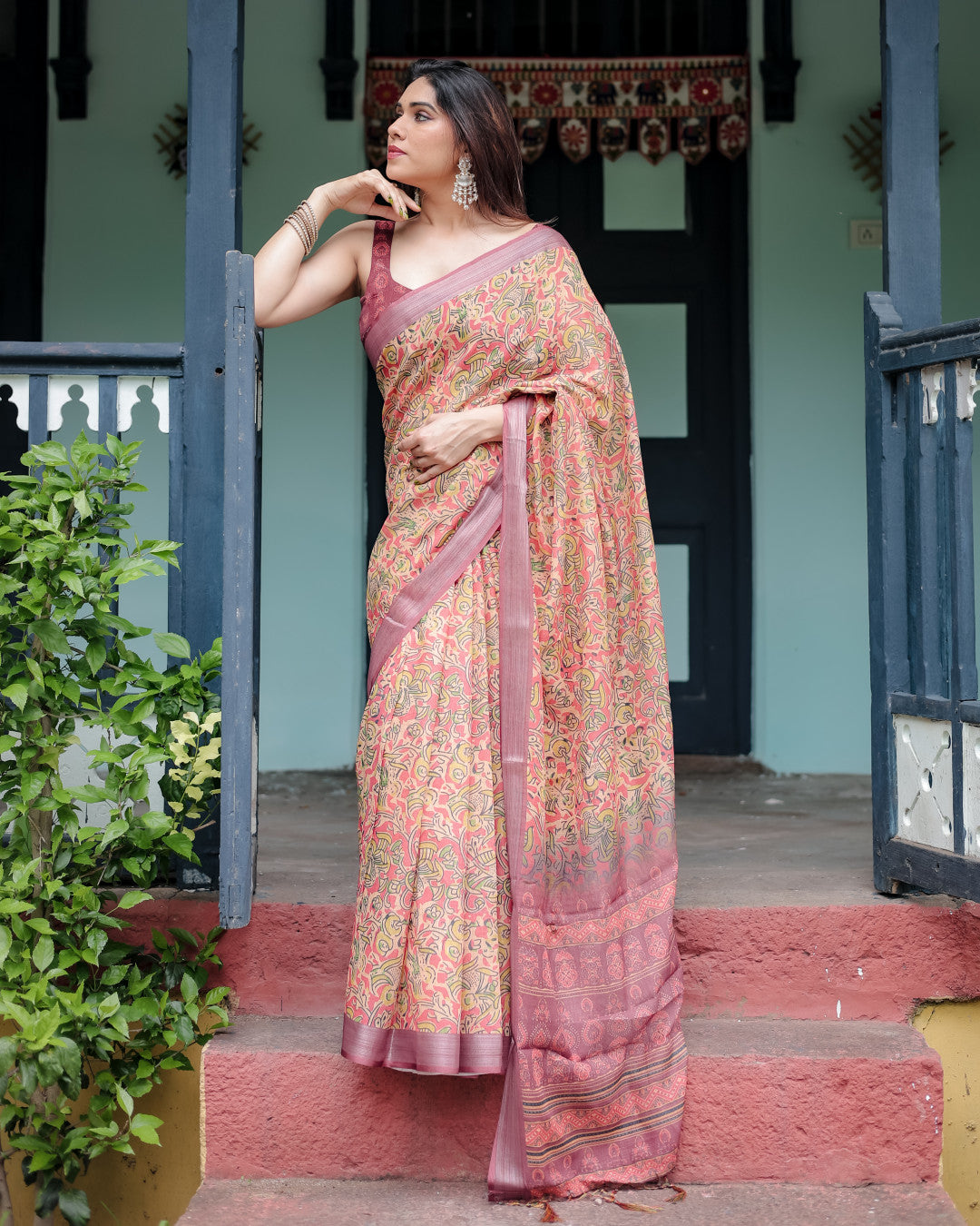 Beige Floral Digital Printed Linen Cotton Saree