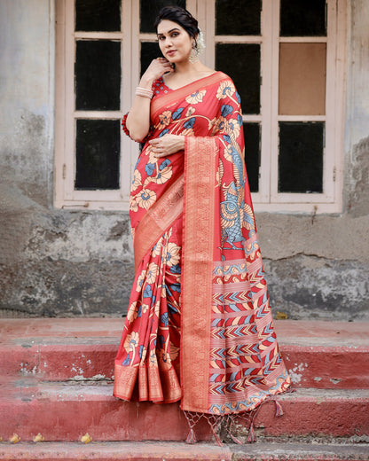 Red Tussar Silk Saree With Digital Kalamkari Print & Zari Motif Border | Casual & Festive Wear – JaipurSaaj