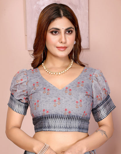 Multi Linen Cotton Saree With Digital Printed Work And Silver Zari Border