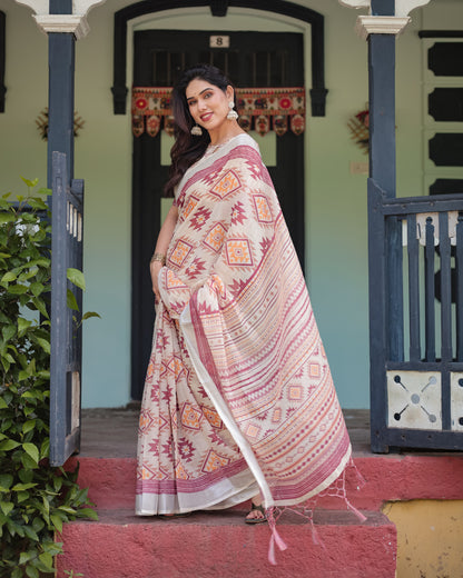 Multi Color Digital Printed Linen Cotton Saree | Summer Special Casual & Office Wear – JaipurSaaj