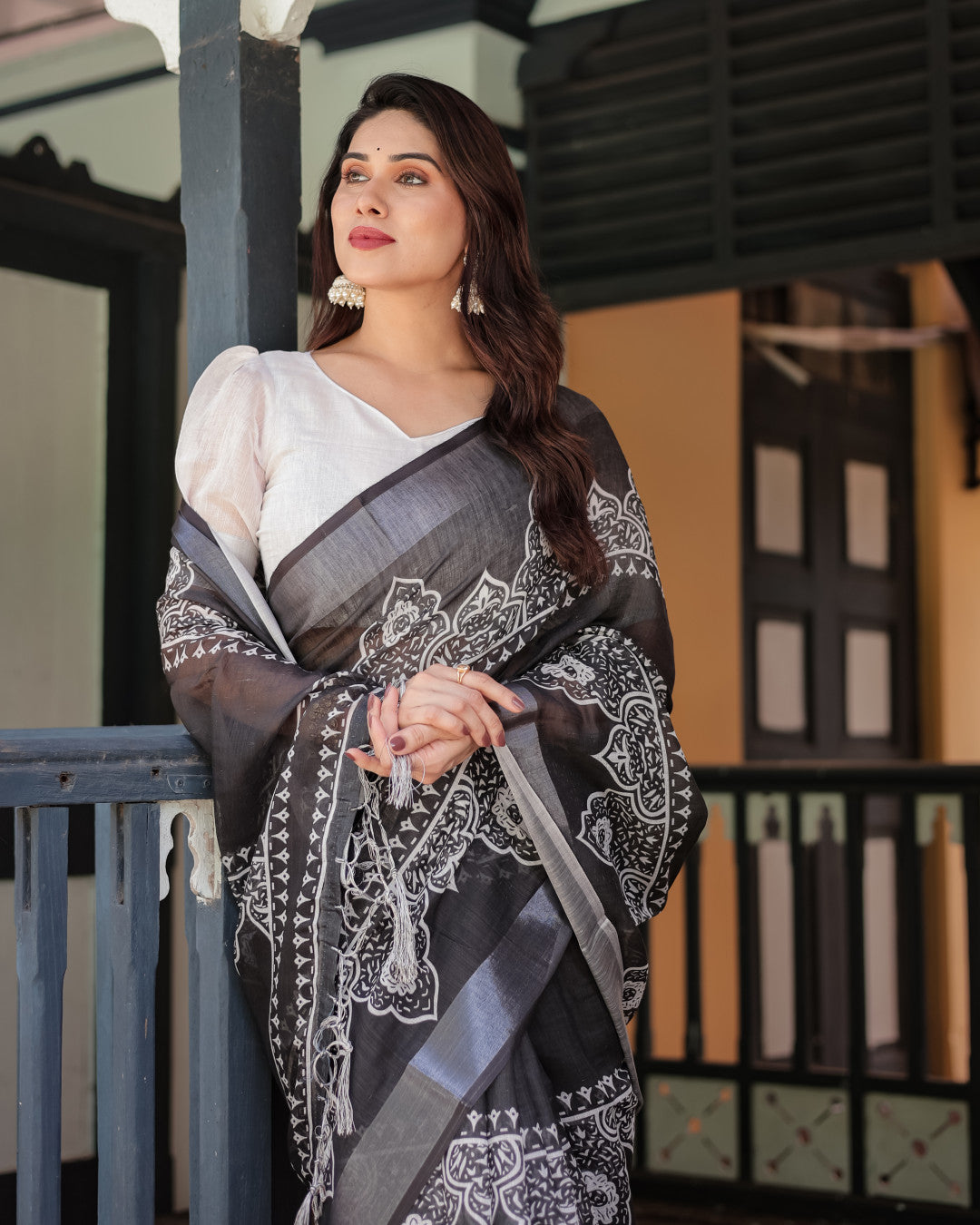 Black Summer Special Digital Printed Linen Cotton Saree