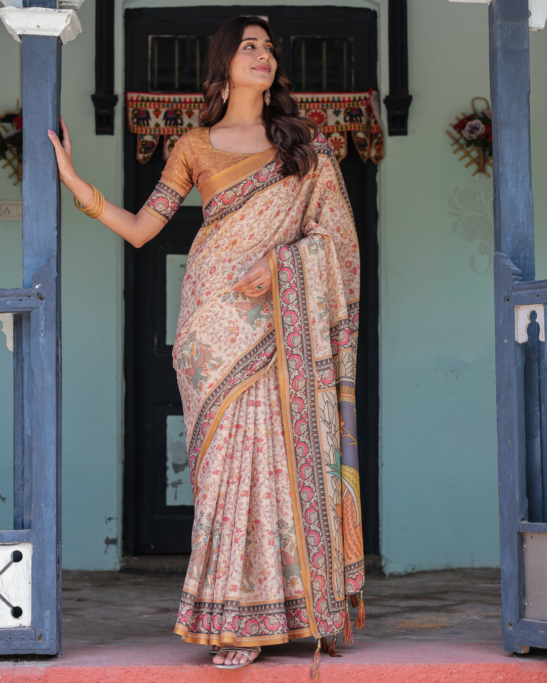 Multi Color Kalamkari Digital Printed Linen Cotton Saree | Summer Casual & Ethnic Wear – JaipurSaaj