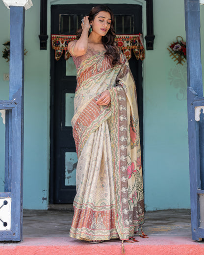 Multi Color Kalamkari Digital Printed Linen Cotton Saree | Summer Casual & Ethnic Wear – JaipurSaaj