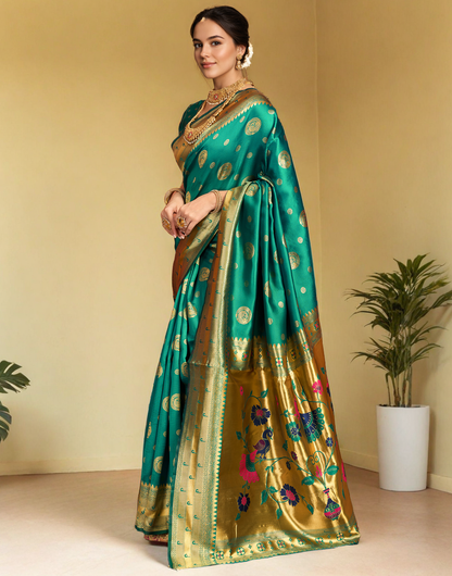 Rama Green Paithani Silk Saree With Zari Weaving Work