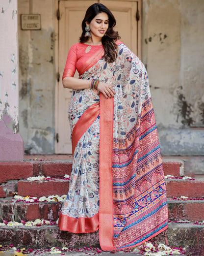 Multi Color Digital Printed Tussar Silk Saree With Zari Motif Border | Designer Festive Ethnic Wear – JaipurSaaj