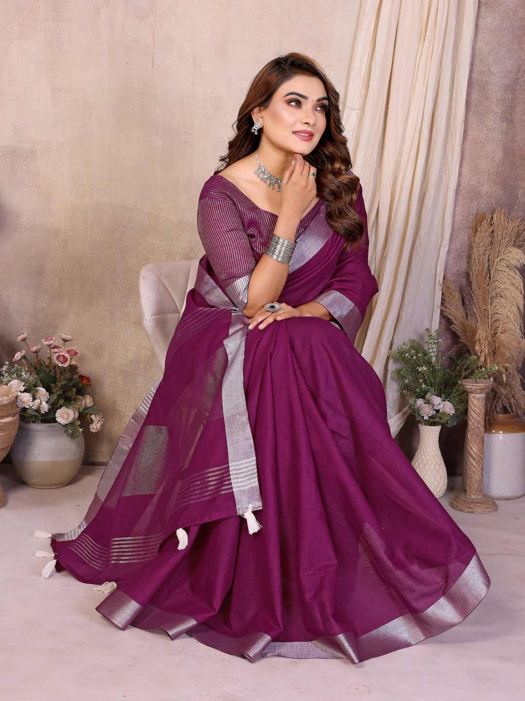 Magenta Linen Cotton Saree With Silver Zari Border