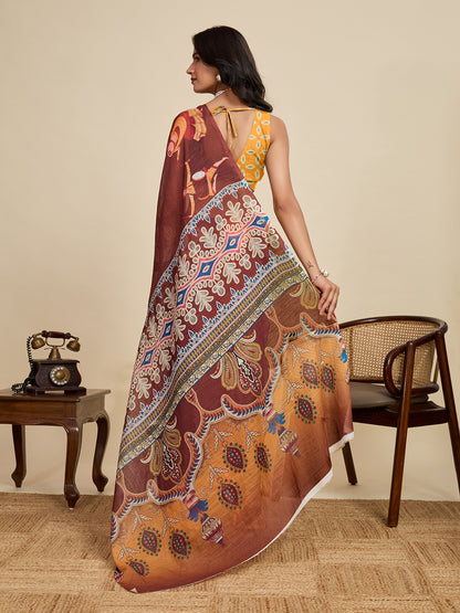 Maroon Linen Cotton Saree With Digital Printed Work And Silver Zari Border | Lightweight Festive & Party Wear – JaipurSaaj