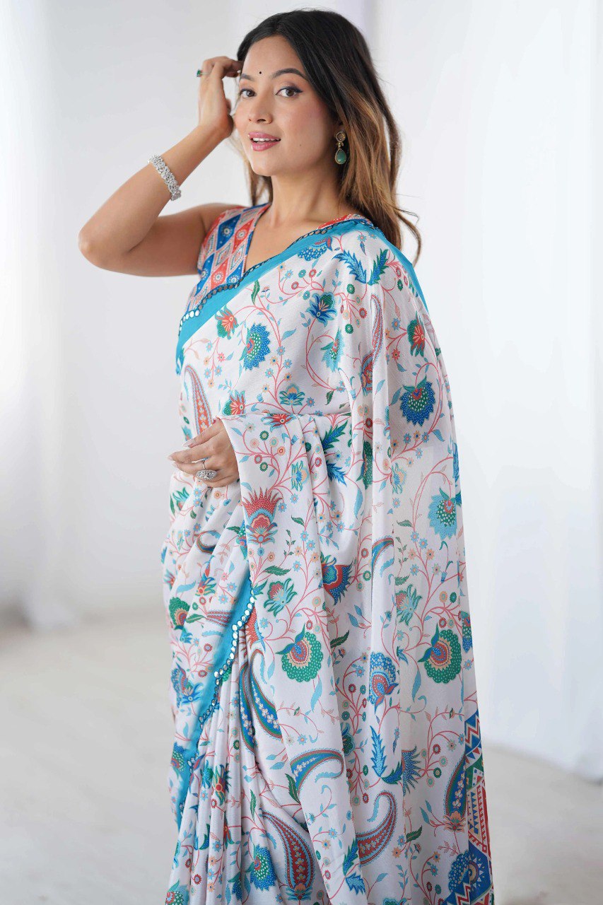 White Georgette Saree With Printed And Mirror Work With Arco Border