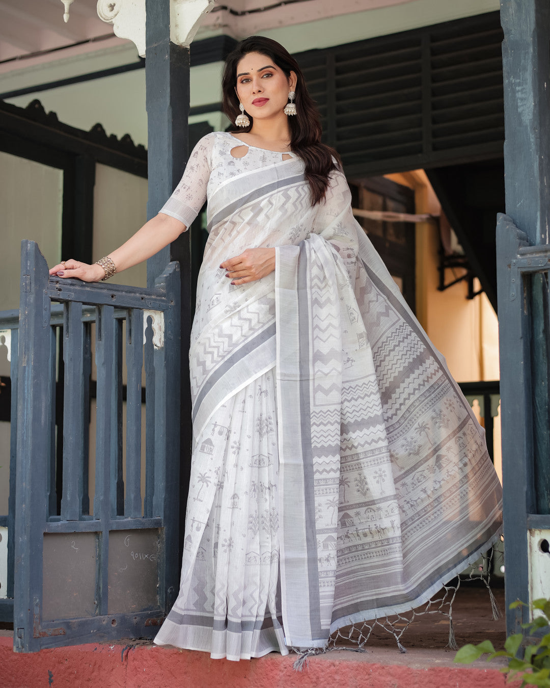 White Summer Special Digital Printed Linen Cotton Saree