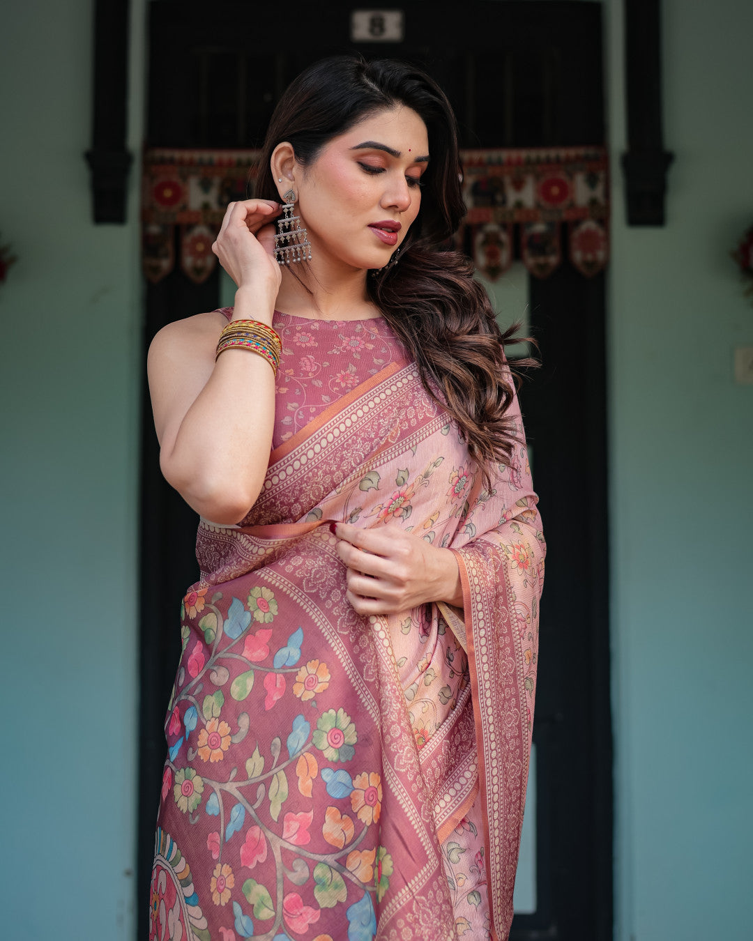 Baby Pink Soft Linen Cotton Saree With Kalamkari Printed Work