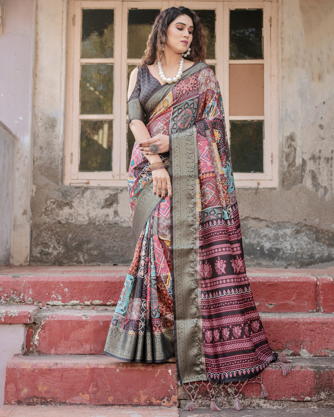 Multi Color Tussar Silk Saree With Digital Kalamkari Print & Zari Motif Border | Casual & Festive Wear – JaipurSaaj