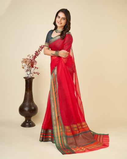 Red Color Doriya Cotton Saree With Woven Design