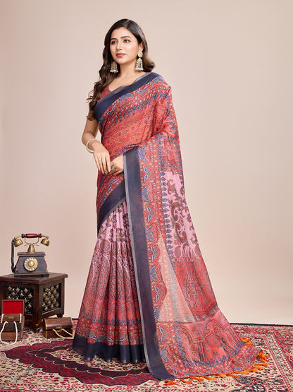 Multi Soft Linen Cotton Saree With Kalamkari Printed Work
