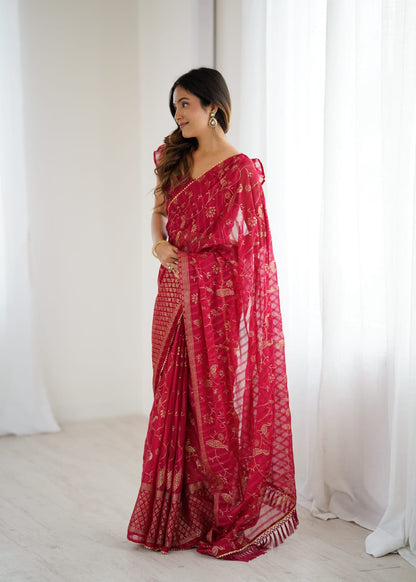 Red Color Georgette Saree With Digital Printed Work And Lace Border