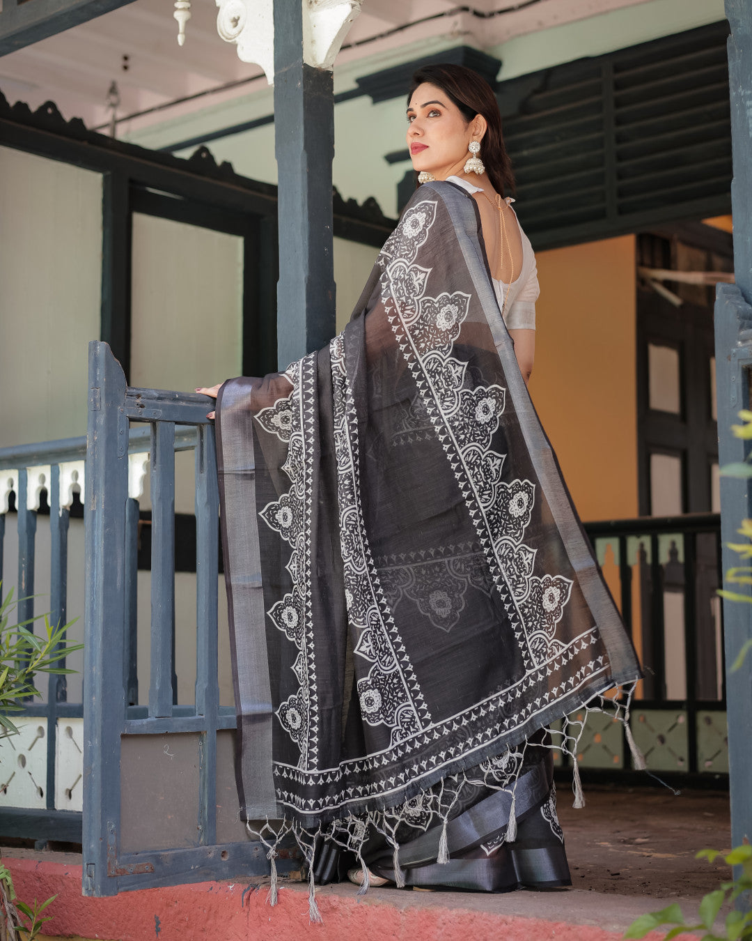Black Summer Special Digital Printed Linen Cotton Saree