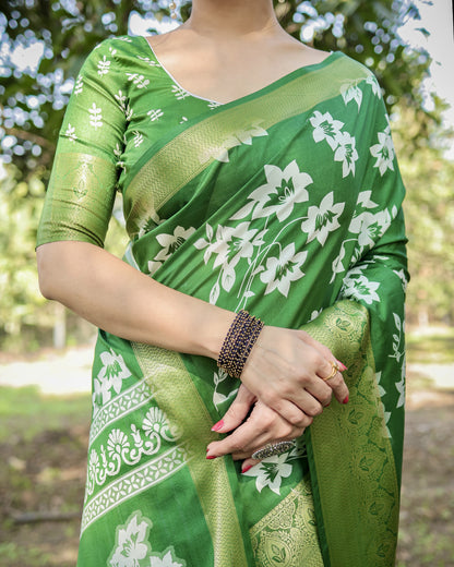 Green Tussar Silk Saree with Floral Woven Motifs & Zari Border | Traditional Festive Wear – JaipurSaaj