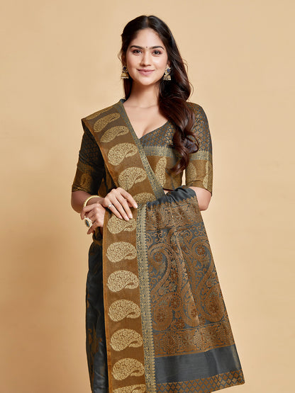 Gray Chanderi Cotton Saree With Woven Design | Traditional Festive Ethnic Wear – JaipurSaaj
