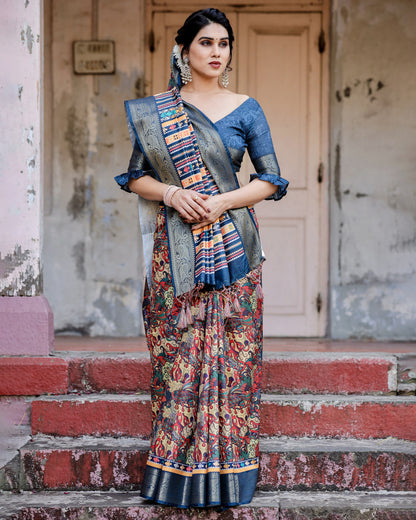 Mult Color Tussar Silk Saree With Digital Kalamkari Print & Zari Motif Border | Casual & Festive Wear – JaipurSaaj