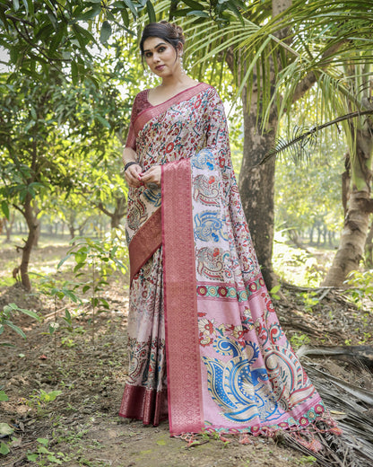 Multi Color Kalamkari Digital Printed Tussar Silk Saree | Designer Festive Ethnic Wear – JaipurSaaj