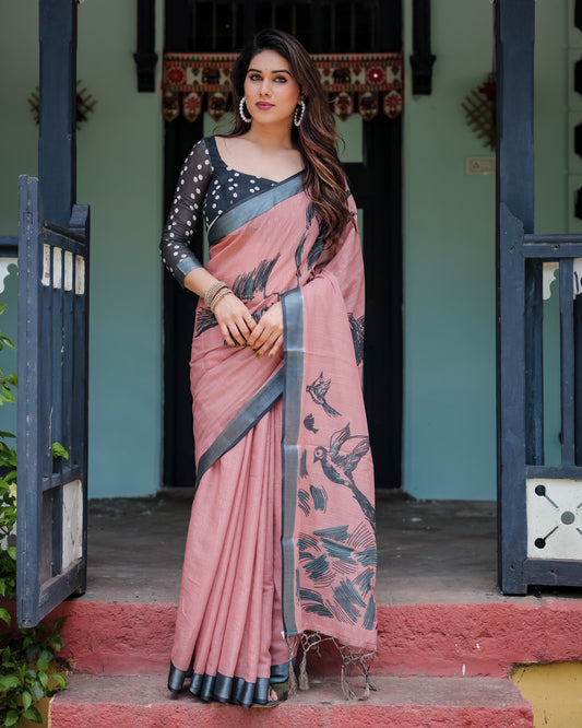Pink Floral Digital Printed Linen Cotton Saree