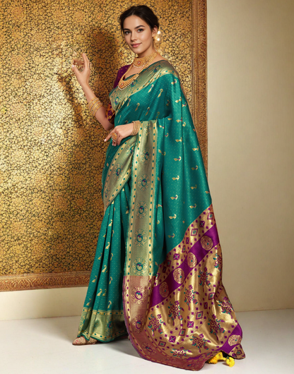 Traditional Rama Green Paithani Silk Saree With Zari Weaving Work