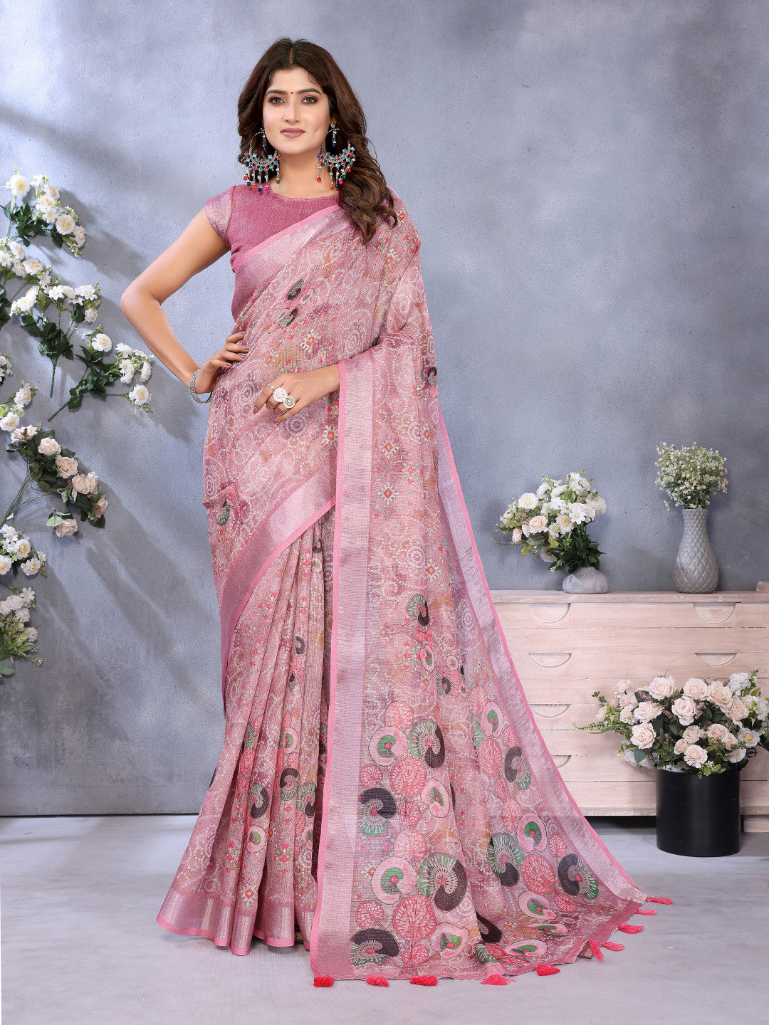 Baby Pink Linen Cotton Saree With Digital Printed Work And Silver Zari Border
