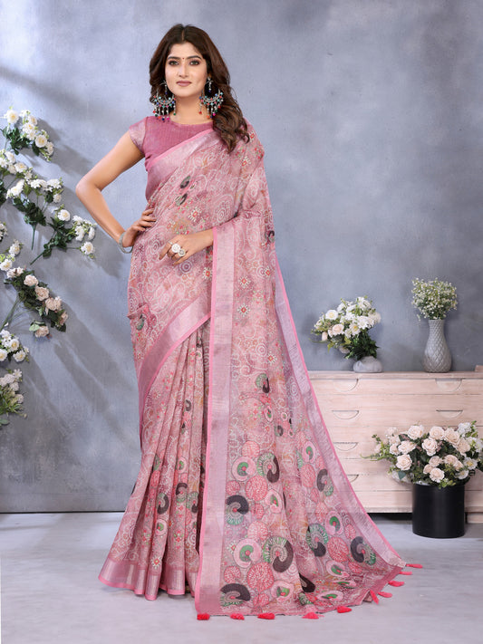 Baby Pink Linen Cotton Saree With Digital Printed Work And Silver Zari Border