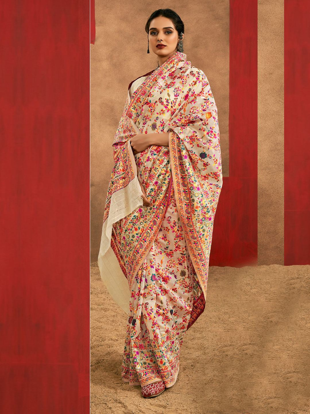 White Pashmina Silk Saree With Traditional Woven Design | Festive & Wedding Wear – JaipurSaaj
