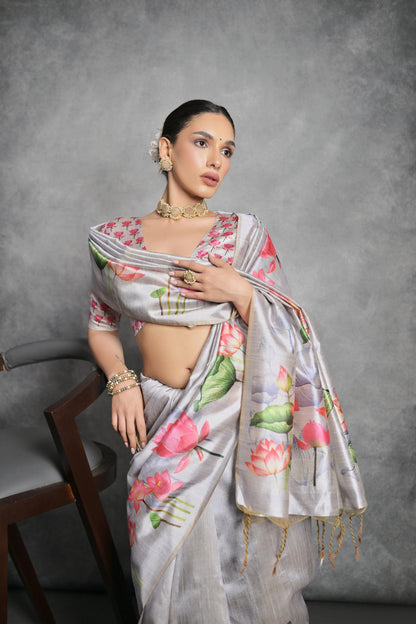 Gray Tussar Silk Saree with Lotus Floral Printed Work | Festive & Party Wear – JaipurSaaj