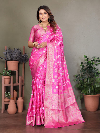 Baby Pink Bandhej Silk Saree With Zari Weaving Work | Wedding & Festive Wear – JaipurSaaj