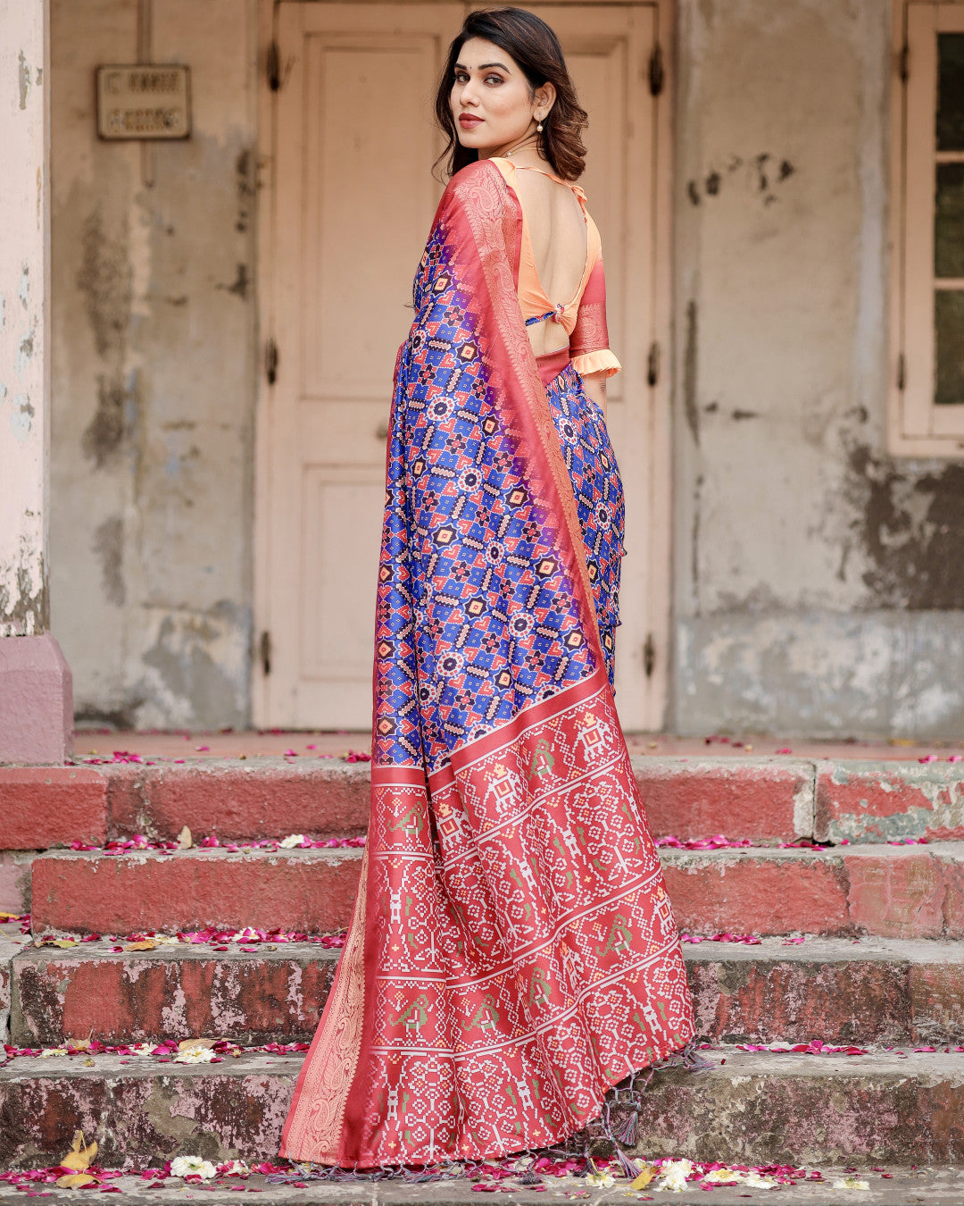 Royal Blue Digital Printed Tussar Silk Saree With Zari Motif Border | Designer Festive Ethnic Wear – JaipurSaaj