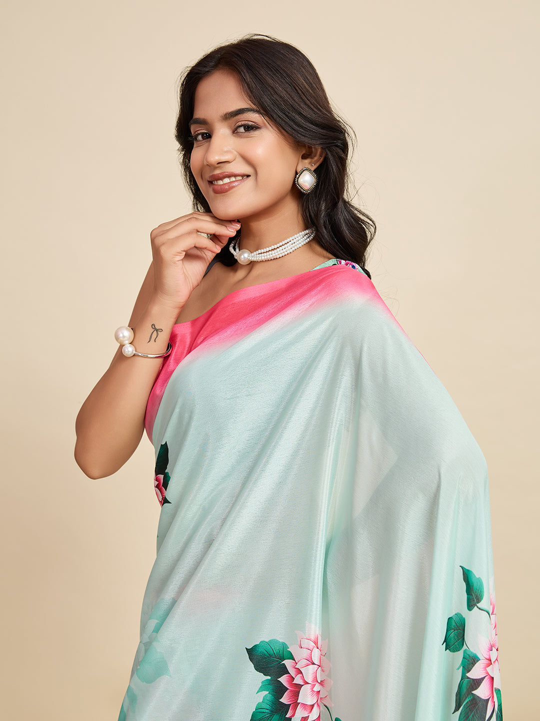 Sky Blue Soft Chinnon Silk Saree With Digital Printed Work