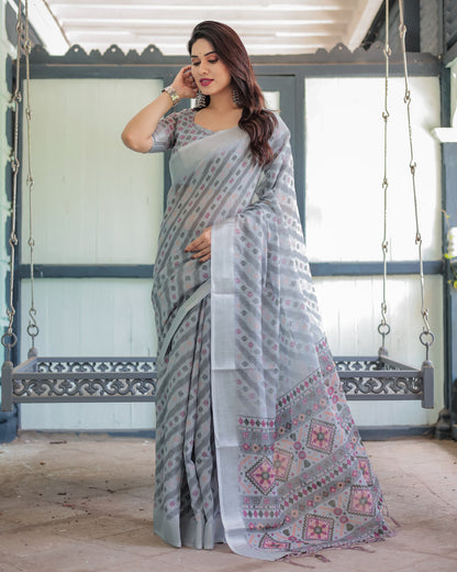 Gray Summer Special Digital Printed Linen Cotton Saree
