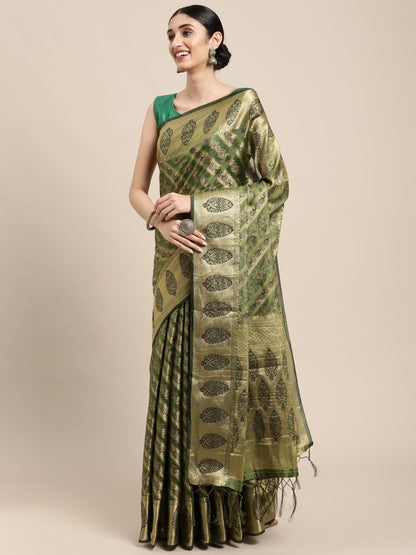 Green Organza Silk Saree With Zari Weaving Work