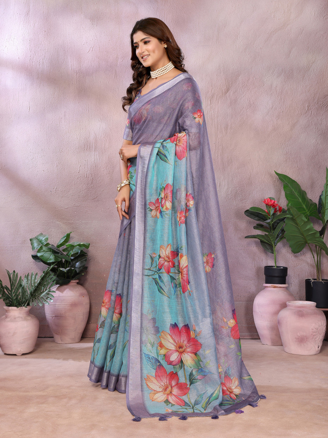 Multi Linen Cotton Saree With Digital Printed Work And Silver Zari Border