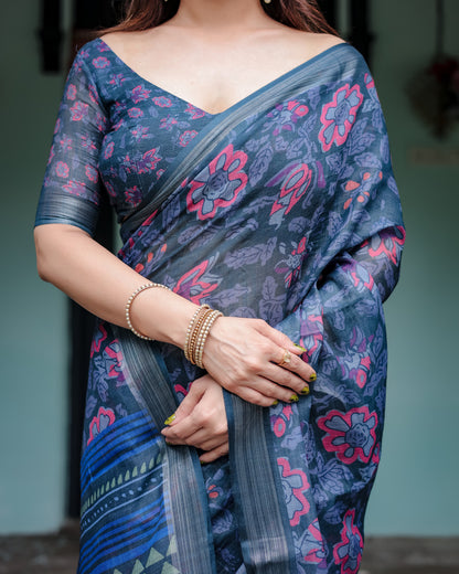 Navy Blue Floral Digital Printed Linen Cotton Saree | Office & Casual Ethnic Wear – JaipurSaaj