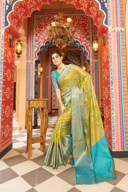 Yellow Organza Silk Saree With Woven Design | Festive Wedding & Party Wear – JaipurSaaj