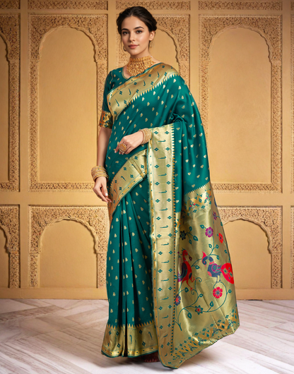 Traditional Rama Green Paithani Silk Saree With Zari Weaving Work
