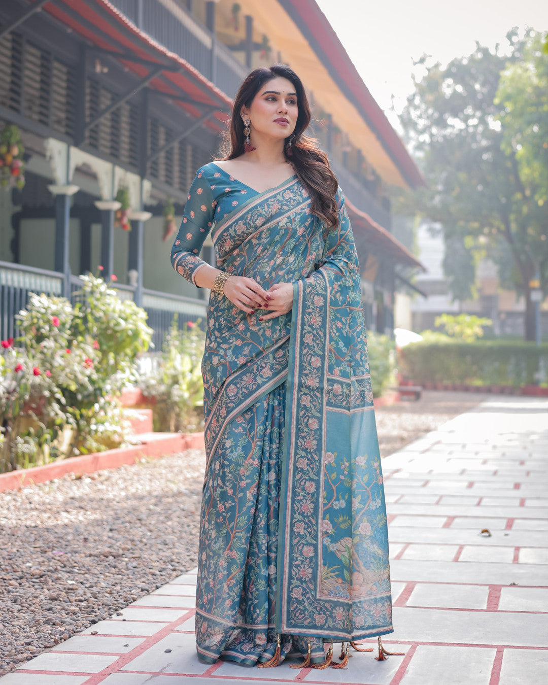 Blue Kalamkari Digital Printed Linen Cotton Saree | Summer Casual & Ethnic Wear – JaipurSaaj