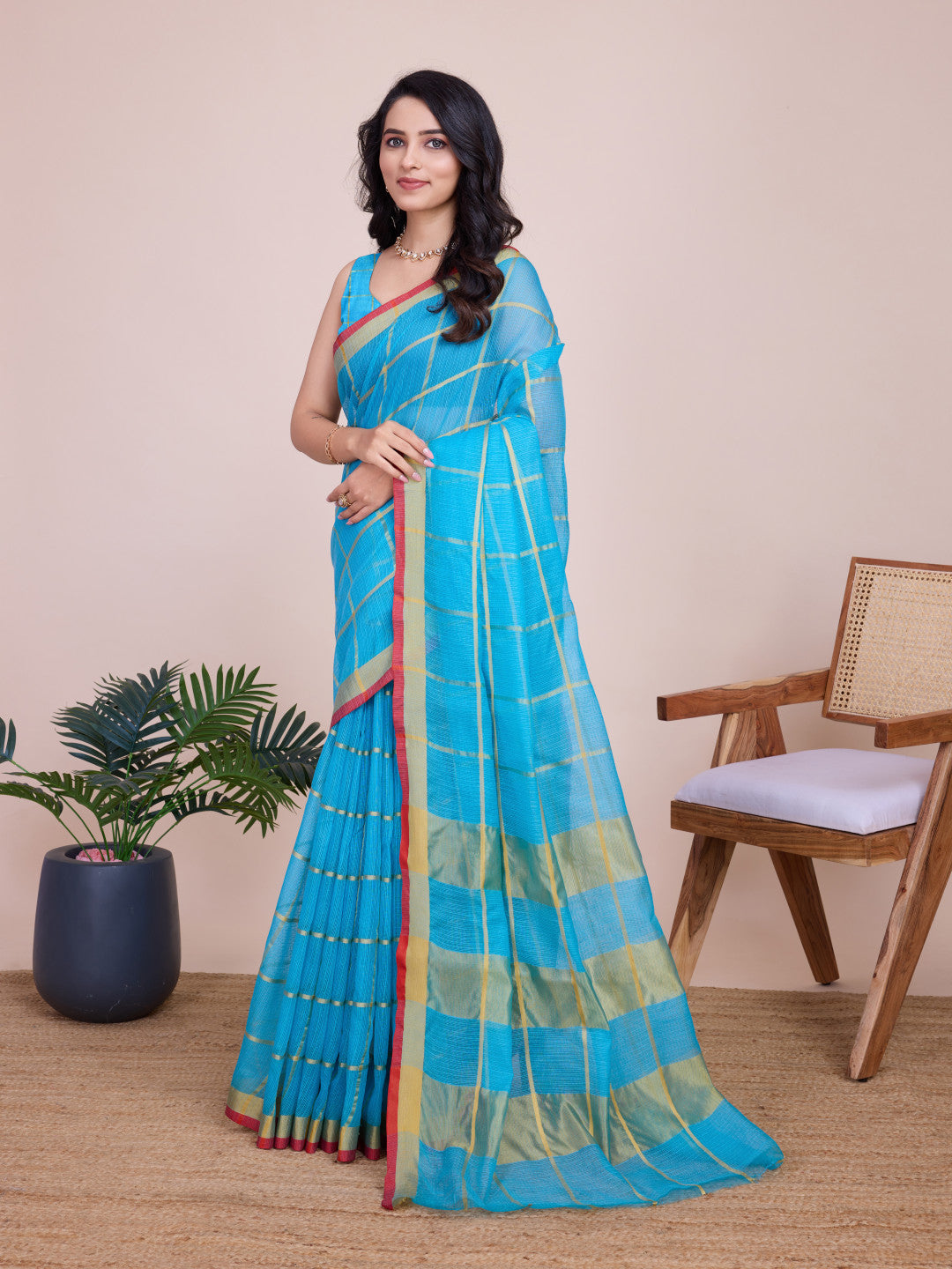 Sky Blue Kota Doriya Saree With Zari Weaving Work