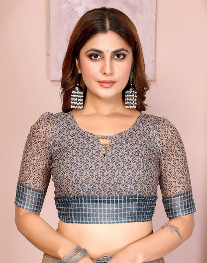 Beige Linen Cotton Saree With Digital Printed Work And Silver Zari Border