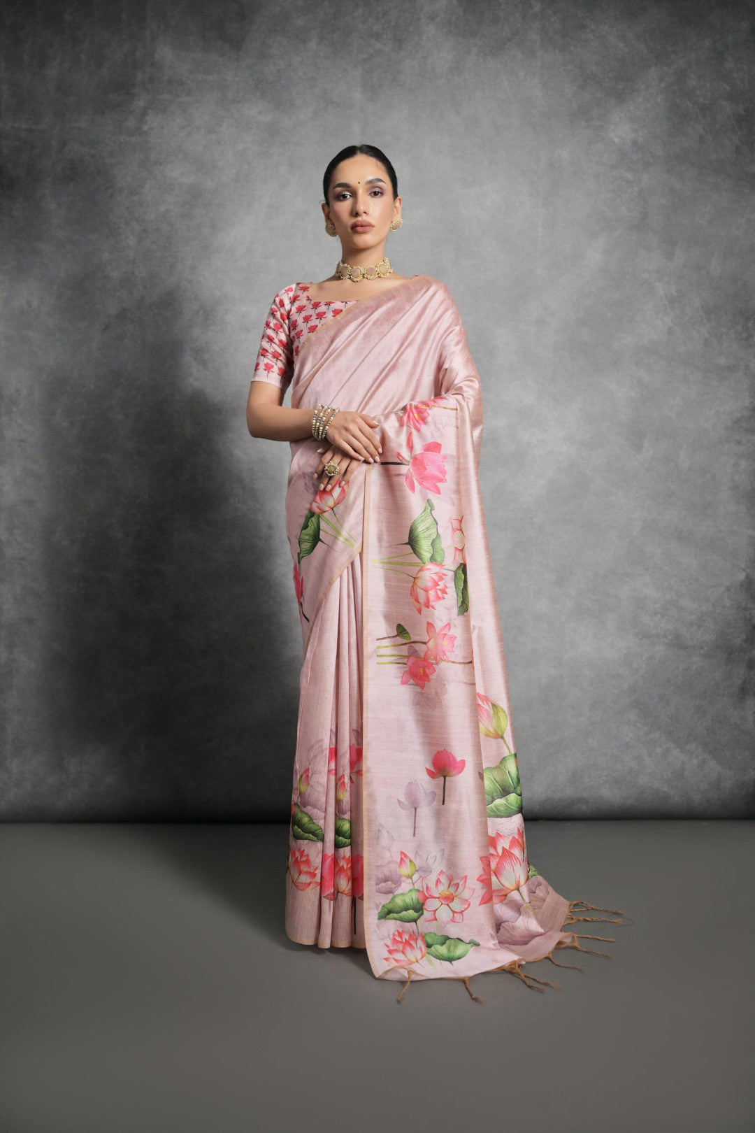 Pink Tussar Silk Saree with Lotus Floral Printed Work | Festive & Party Wear – JaipurSaaj