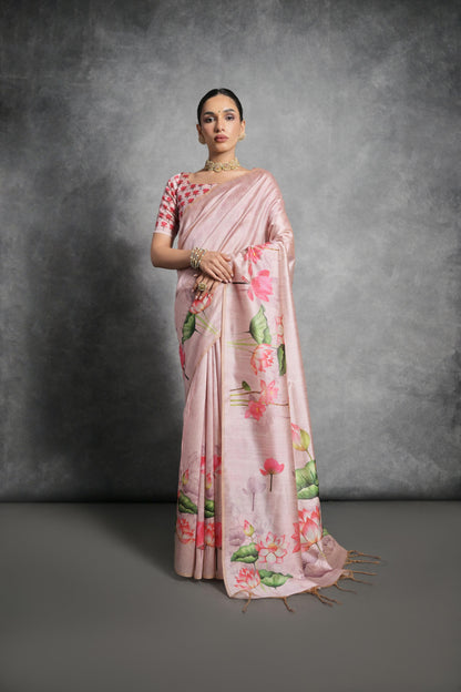 Pink Tussar Silk Saree with Lotus Floral Printed Work | Festive & Party Wear – JaipurSaaj
