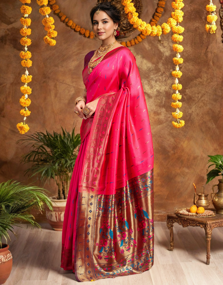 Traditional Pink Paithani Silk Saree With Zari Weaving Work