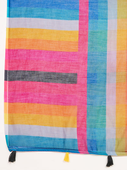 Multi Linen Cotton Saree With Digital Printed Work And Silver Zari Border