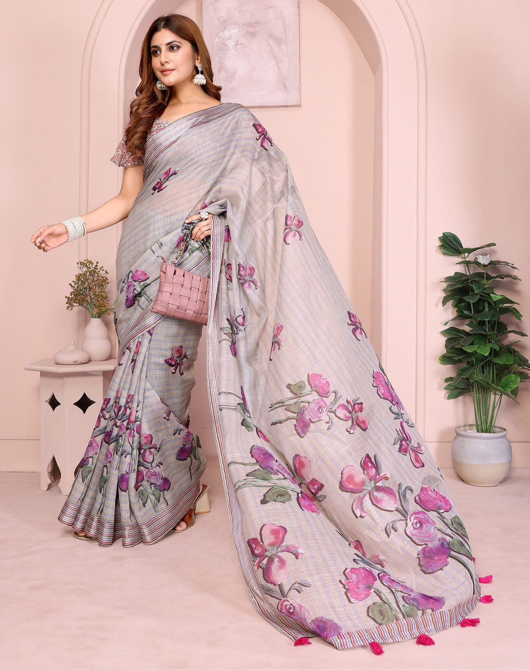 Multi Linen Cotton Saree With Digital Printed Work And Silver Zari Border