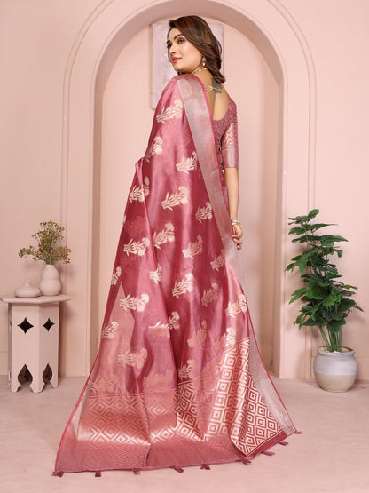 Dusty Pink Organza Silk Banarasi Saree With Zari Weaving Work | Wedding & Festive Wear – JaipurSaaj