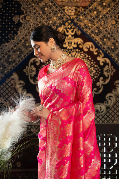 Pink Banarasi Silk Saree With Zari Woven Work | Traditional Wedding & Bridal Wear – JaipurSaaj