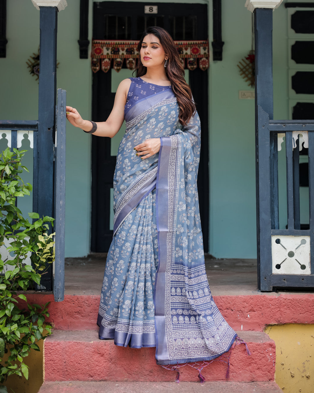 Light Blue Summer Special Digital Printed Linen Cotton Saree
