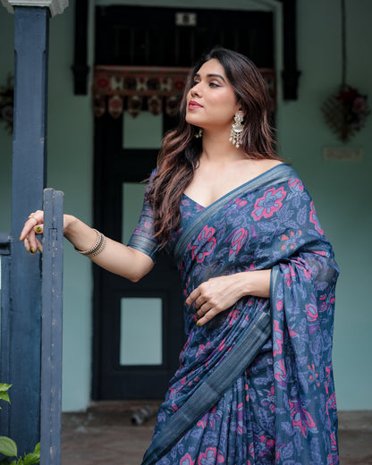 Navy Blue Floral Digital Printed Linen Cotton Saree | Office & Casual Ethnic Wear – JaipurSaaj